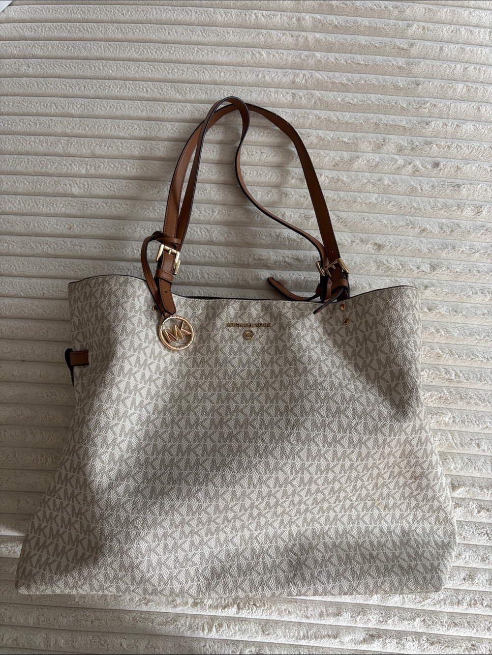 Michael Kors Beige Logo Tote with Brown Leather Straps